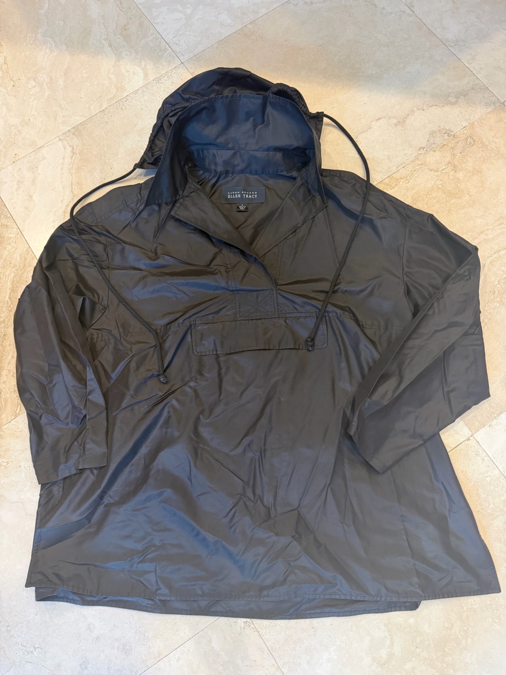 Linda Allard Ellen Tracy Black 100% Silk Hooded Utility Pullover Anorak